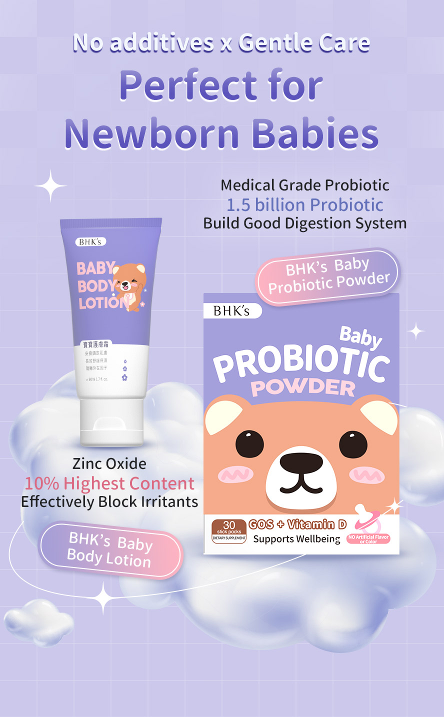 BHK’s Baby Probiotic Powder + BHK’s Baby Body Lotion no additives, perfect for newborn babies