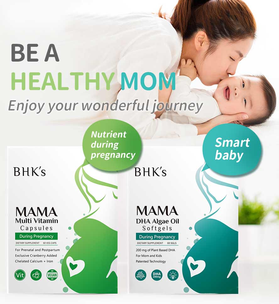 BHK's DHA Algae Multi-vitamin for those who have morning sickness, mood swings, fatigue, and other pregnancy symptom.