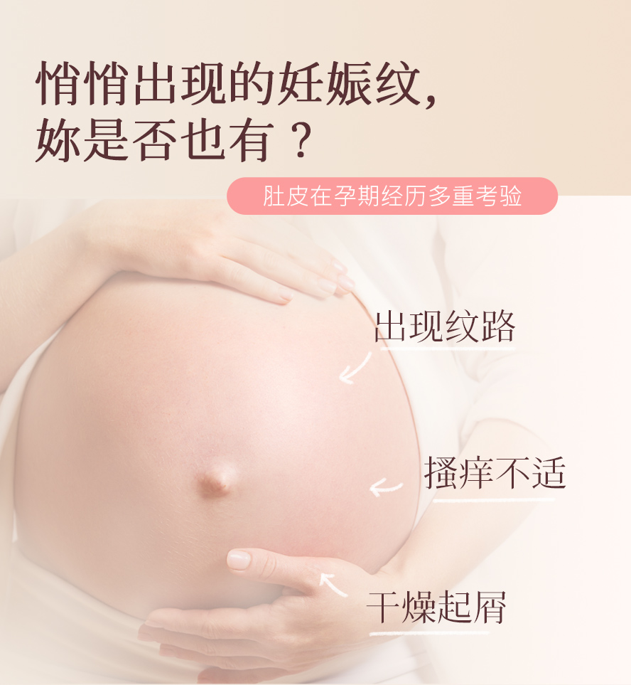 怀孕时因荷尔蒙影响，孕妇肚皮容易出现红纹、白纹、皮肤痒、干燥脱屑的问题。