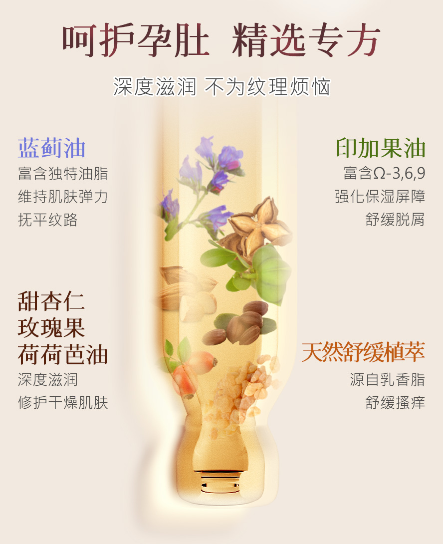BHK唯孕美逆痕精华，配方添加蓝蓟油、印加果油、乳香木、甜杏仁油等，深层滋润改善干痒，修护受损肌肤。