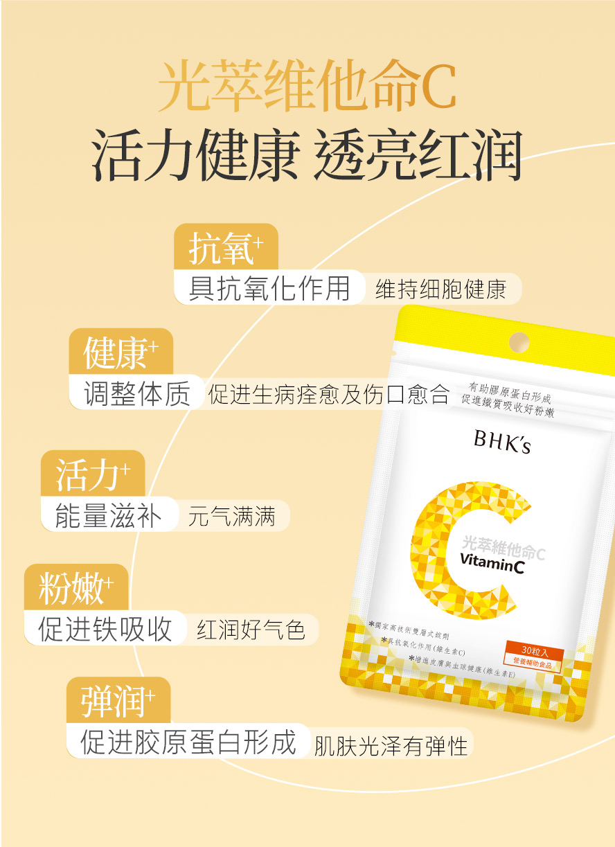 众多艺人、网红推荐BHK光萃维他命C，预防感冒、帮助皮肤透亮。