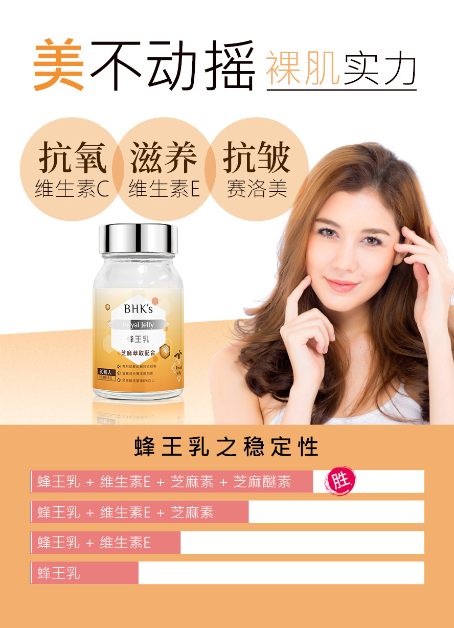 BHK's蜂王乳锭顶级高品质配方,富含赛洛美与维他命E,抚平皱纹、年轻抗老。
