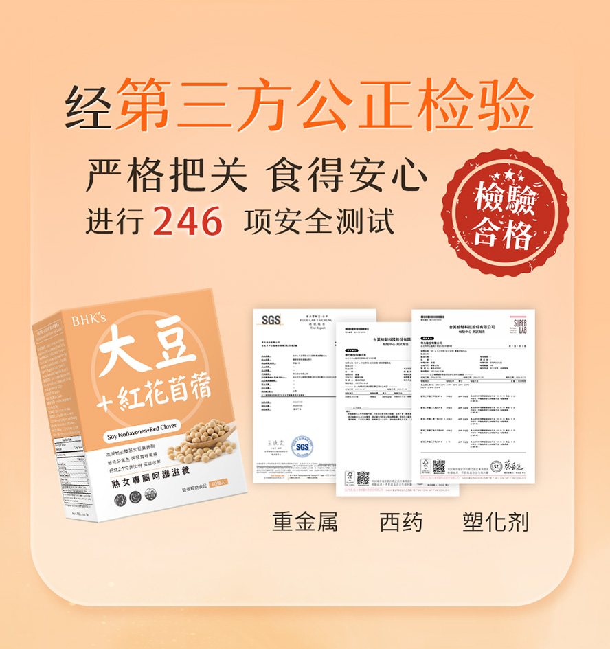 BHK's大豆异黄酮严选高品质大豆萃取,产品通过SGS检验合格。