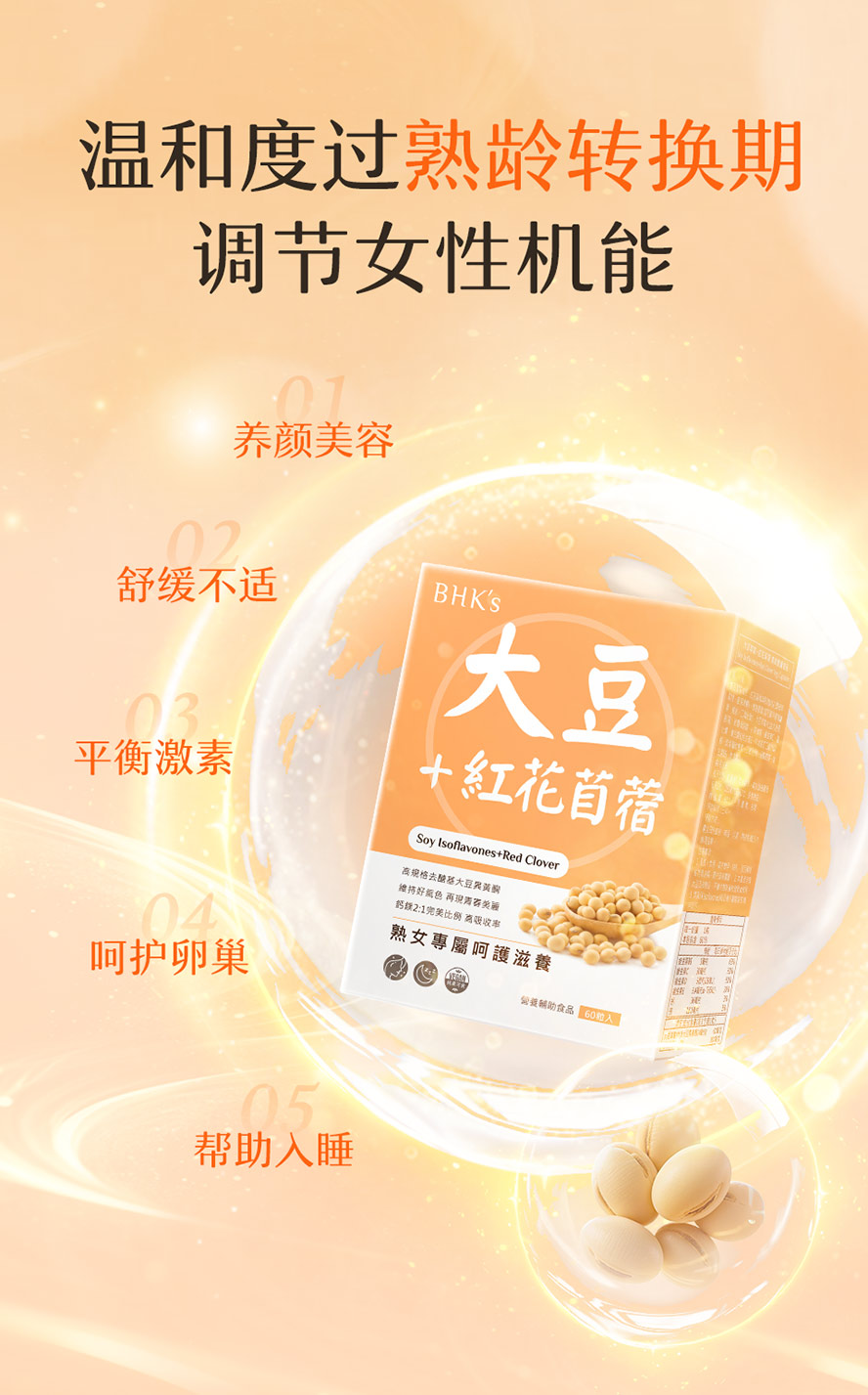 补充BHK's大豆异黄酮好处多,轻松度过更年期。