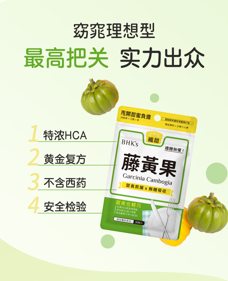 BHK's藤黄果含400毫克藤黄果萃取物，配方添加辣椒素、铬与镁，维持醣类正常代谢、增加饱足感。