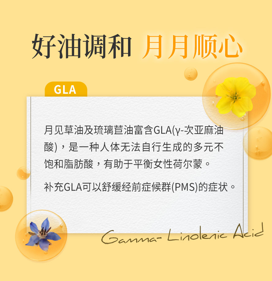 GLA次亚麻油酸是一种多元不饱和脂肪酸，可调节女性荷尔蒙，缓解经前症候群。