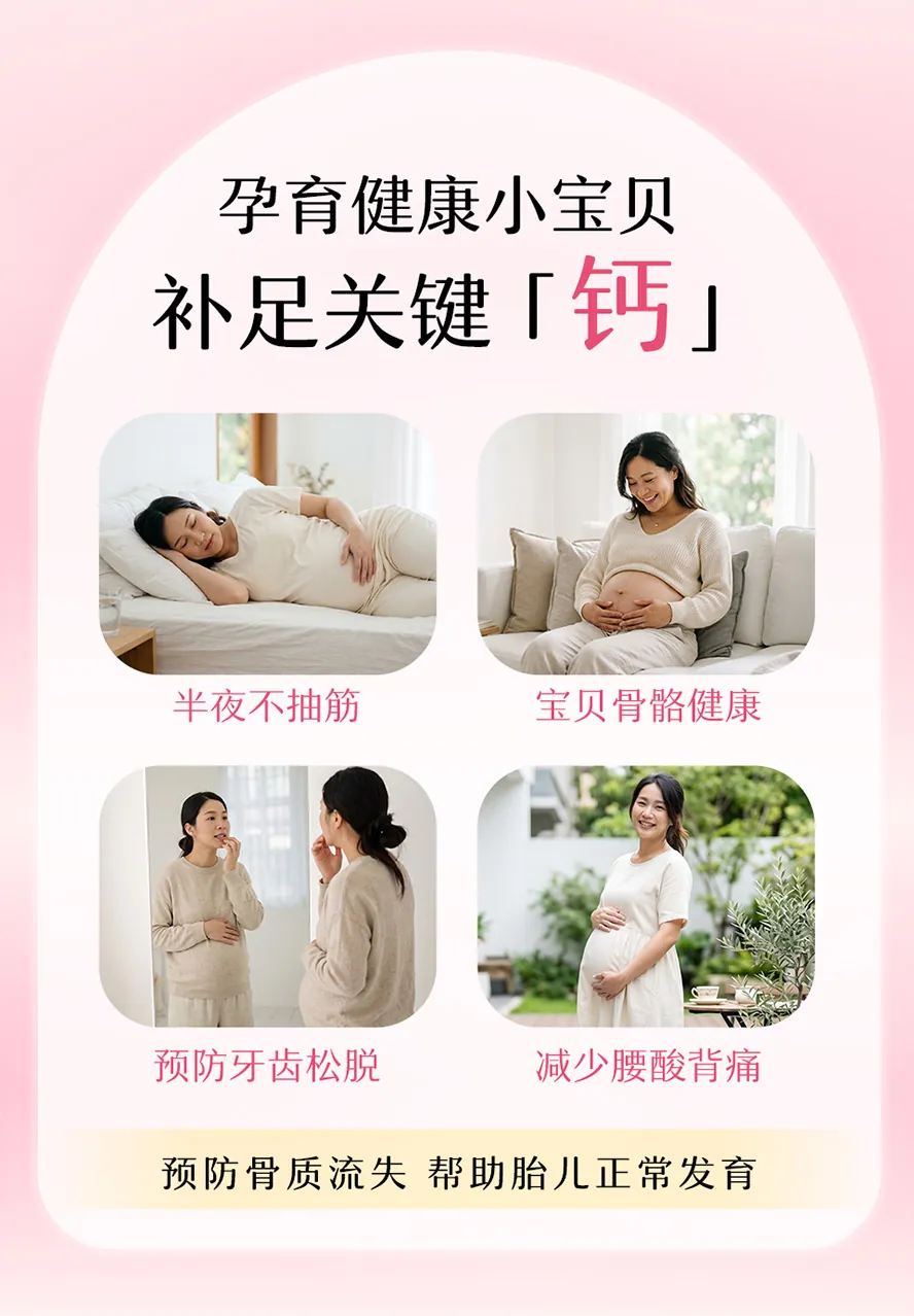 怀孕期间胎儿需要大量的钙质帮助骨骼成长,当孕妈咪缺钙时会出现:抽筋、腰酸背痛、睡不好、失眠的问题