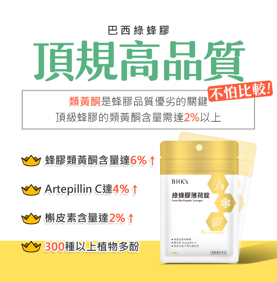 BHK's绿蜂胶锭的蜂胶类黄酮含量达6%以上,优于顶级规格的2%.
