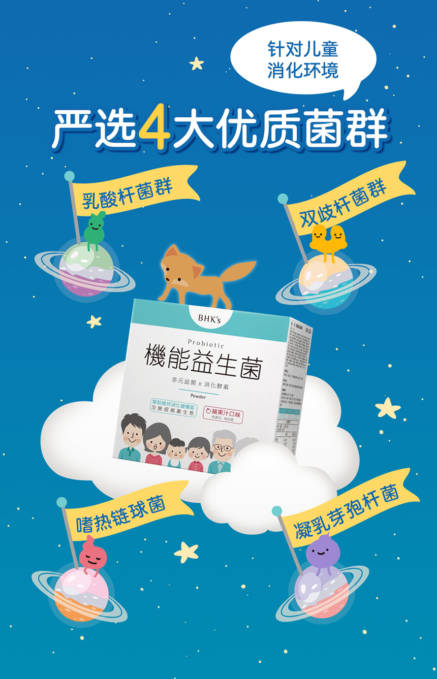 针对儿童消化环境严选4大优质菌群，帮助孩童顺畅排便，减少便秘