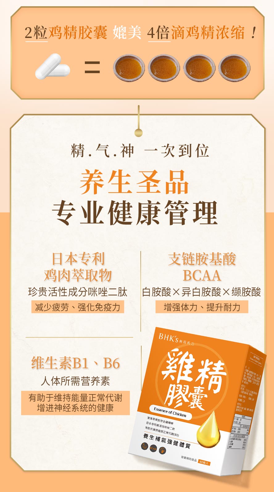 BHK's鸡精胶囊选用日本专利鸡肉萃取物还活性成分咪唑二肽,复方加乘BCAA,维生素B1,B6, 有助于维持能量正常代谢,两粒鸡精胶囊等于四包滴鸡精的营养.