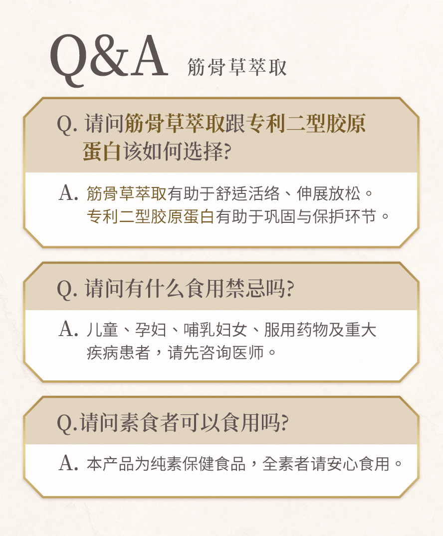 BHKs筋骨草问与答，本产品有助于舒筋活络、改善气血循环不良的问题。