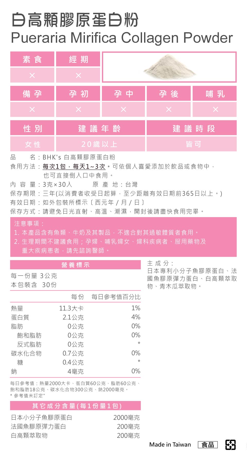 BHK白高颗胶原蛋白粉，专业把关，产品皆经安全检验合格，台湾生产制造，最安心放心的美胸食品。