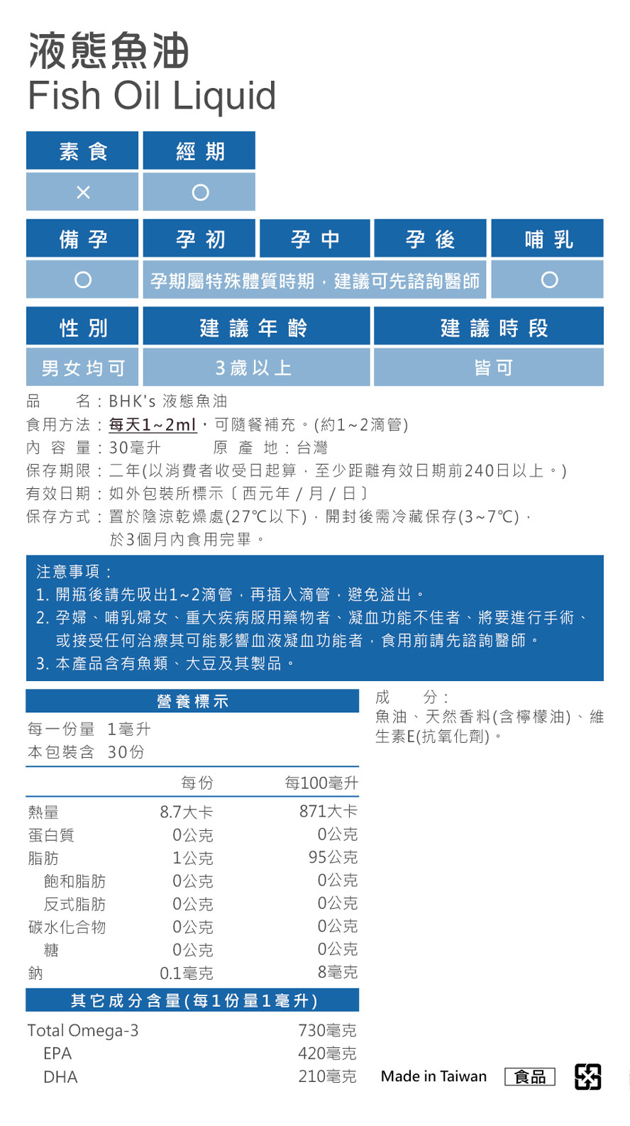 BHK's鱼油剂量，液态鱼油营养标示与规格介绍