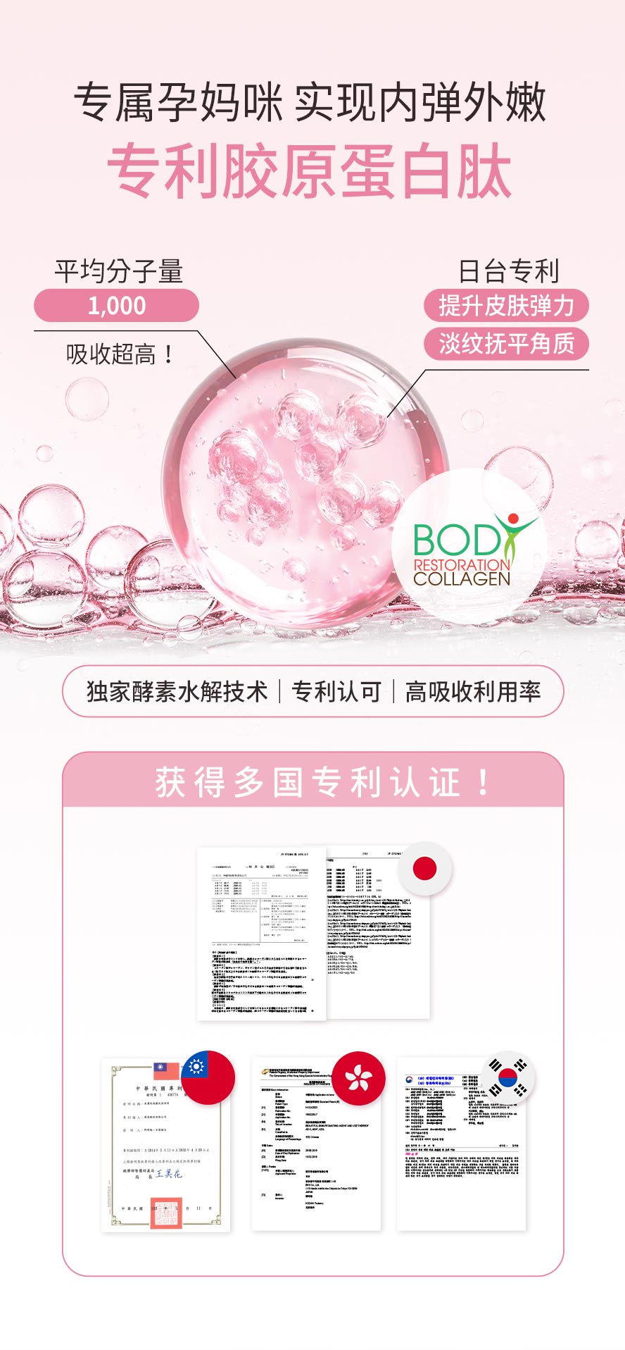 BHK选用专属孕期胶原蛋白肽，超高吸收利用率，提升皮肤弹性、淡纹抚平角质。