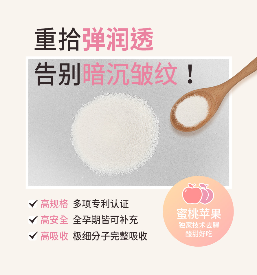超细分子胶原胜肽好吸收，全孕期皆可安心补充，挥别暗沉细纹。