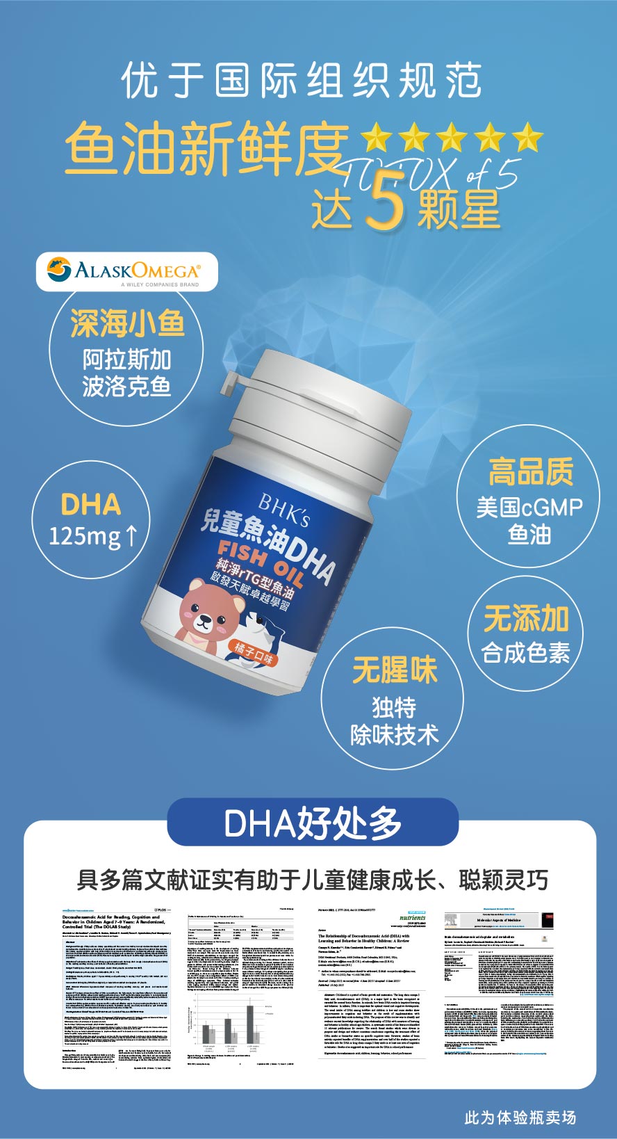 BHKs儿童DHA，严选美国高质量cGMP鱼油，rTG型态好吸收，符合国际组织TOTOX规范，鱼油新鲜度达五颗星。市售儿童智力保健DHA最高含量，满足孩子学习上的需求，无腥味、无色素、咀嚼式软胶囊接受度高，有助于训练孩子咀嚼能力。