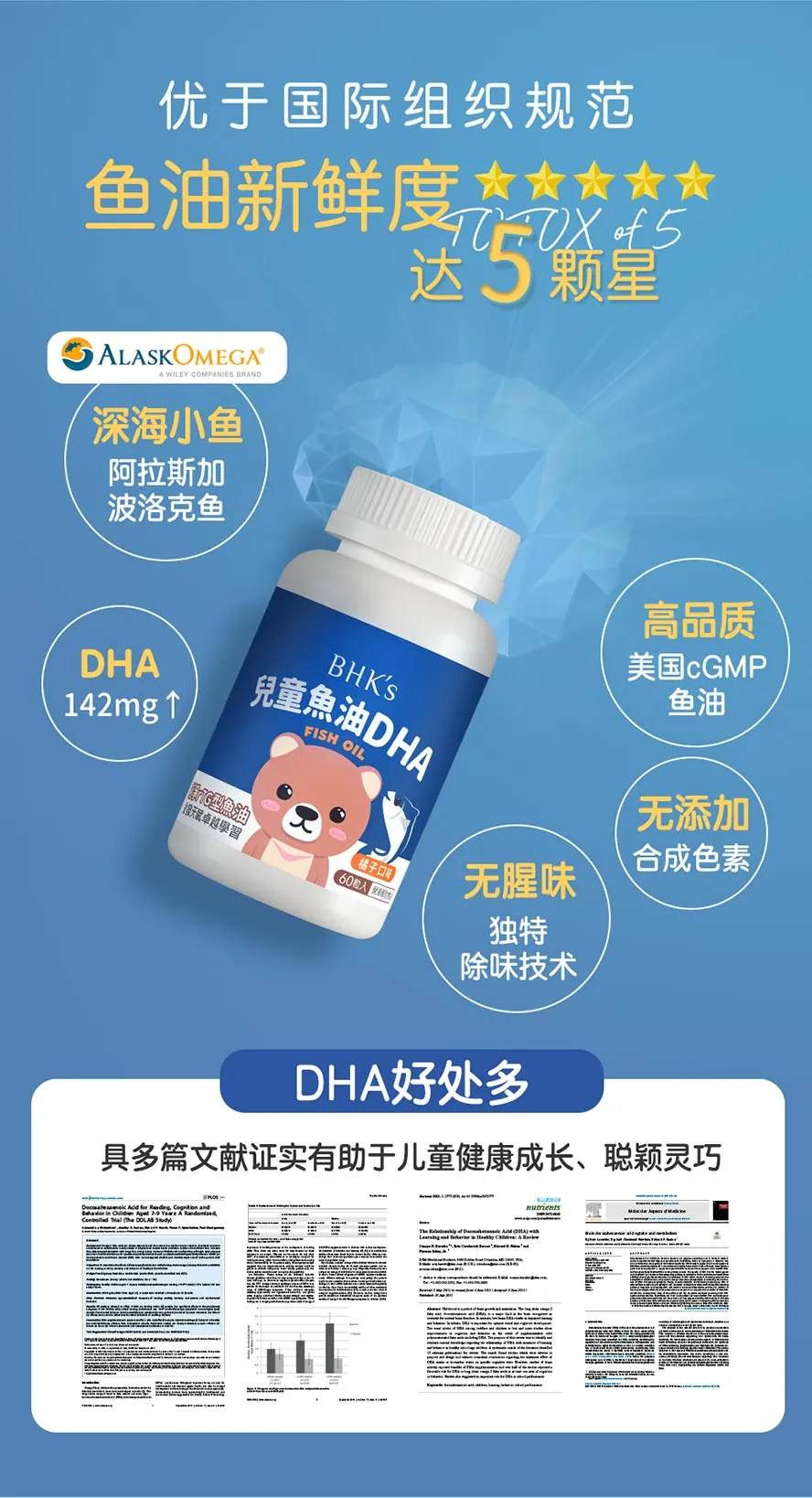 BHKs儿童DHA，严选美国高品质cGMP鱼油，rTG型态好吸收，符合国际组织TOTOX规范，鱼油新鲜度达五颗星。市售儿童智力保健DHA最高含量，满足孩子学习上的需求，无腥味、无色素、咀嚼式软胶囊接受度高，有助于训练孩子咀嚼能力。