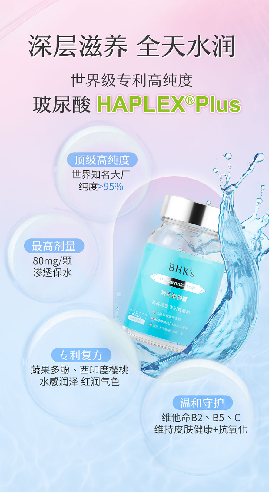 维持肌肤水润保湿荐BHK's玻尿酸,高剂量,高效渗透,迅速补水