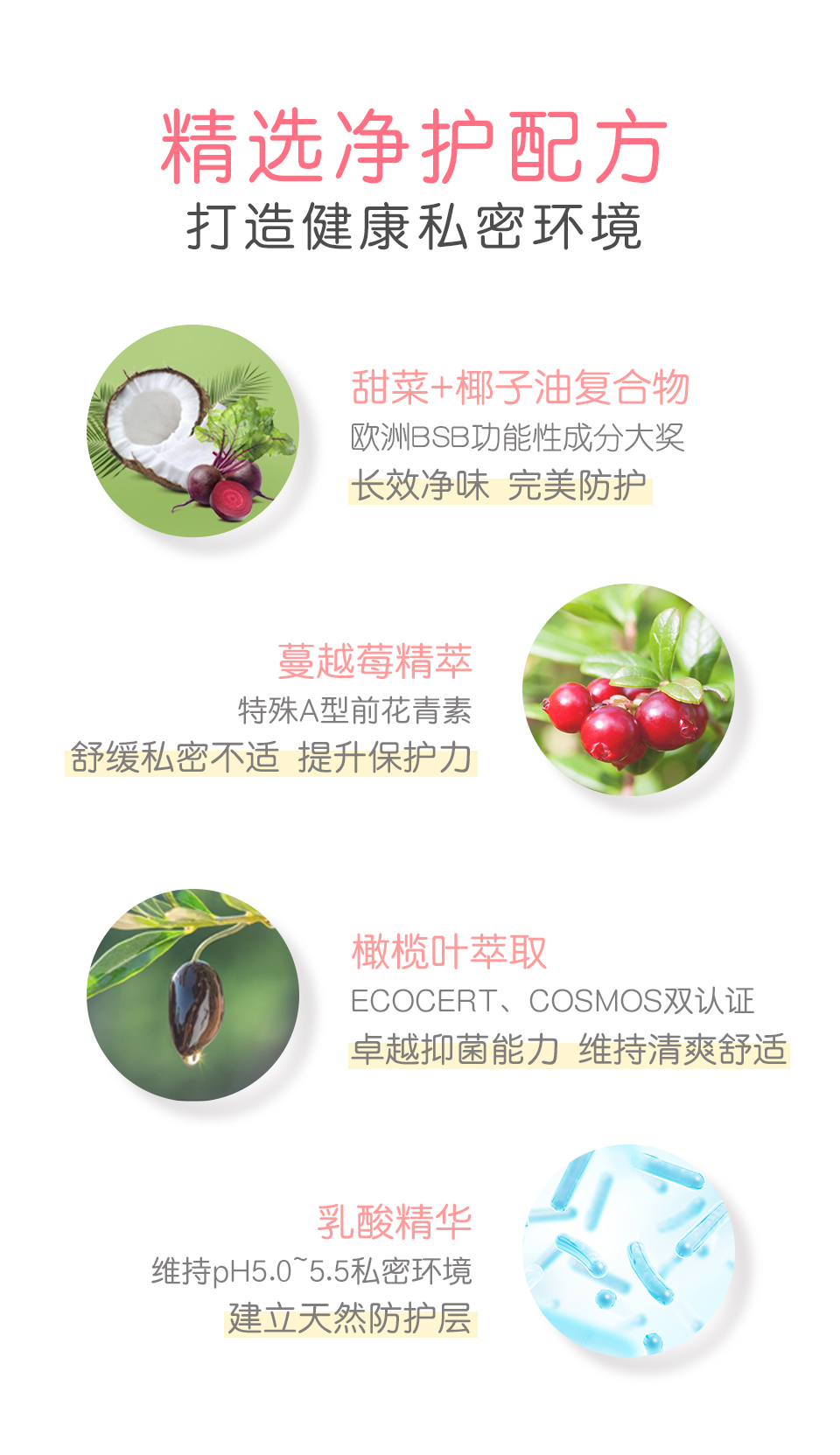 BHKs红萃私密洁净慕斯采用天然植萃配方，蔓越莓、橄榄叶、乳酸菌，提升私密肌抵抗力。