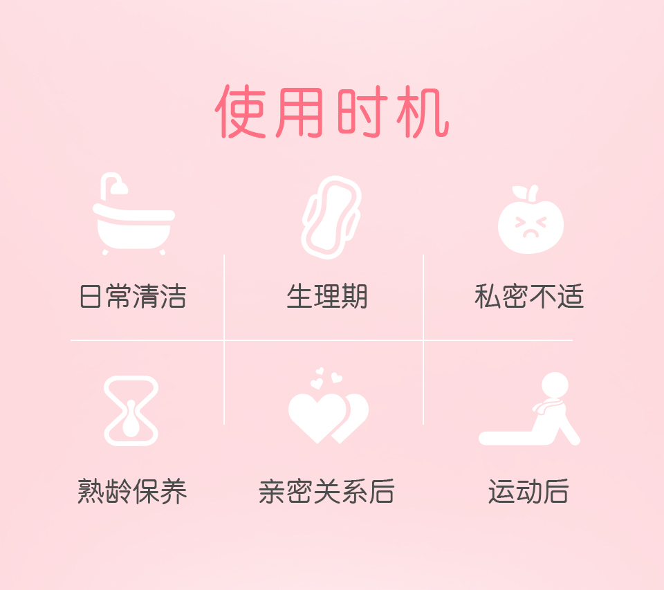 BHK私密慕斯使用时机：生理期、有搔痒异味症状、亲密关系后、更年期、运动后，皆可安心使用。