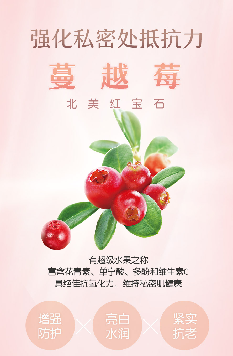 BHKs私密保养喷雾，使用北美蔓越莓，富含花青素与单宁酸，有助于保护私密处不受感染。