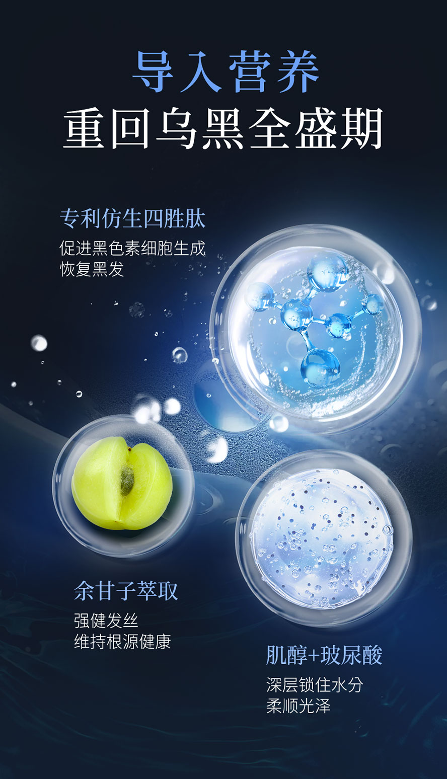 独家专利唤黑胜肽，告别白发，找回乌黑发，促进黑色素生成，深层锁住水分，从根源调理头发健康。