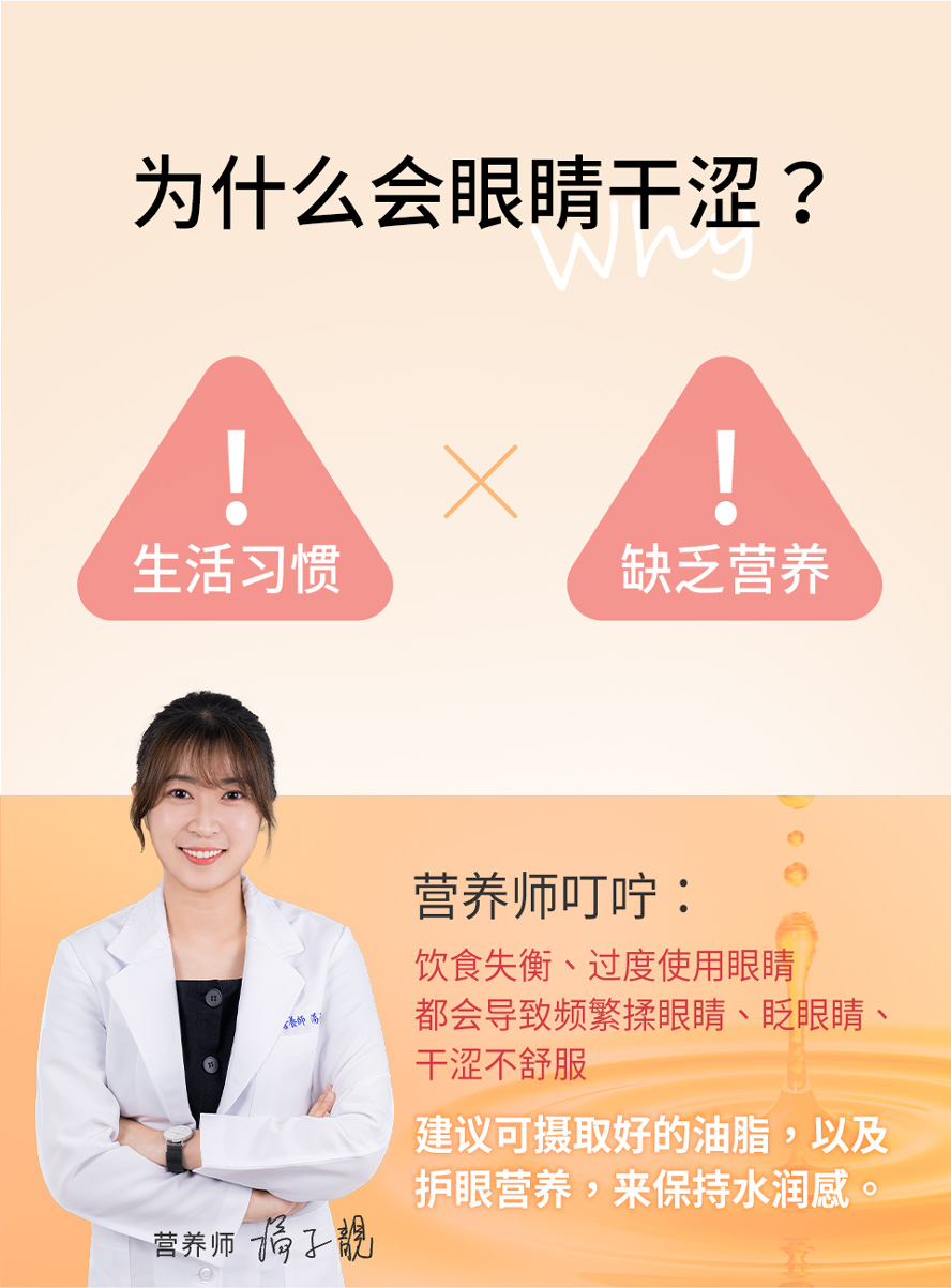 眼睛为什么会干?专家建议补充优质油脂与维他命A。