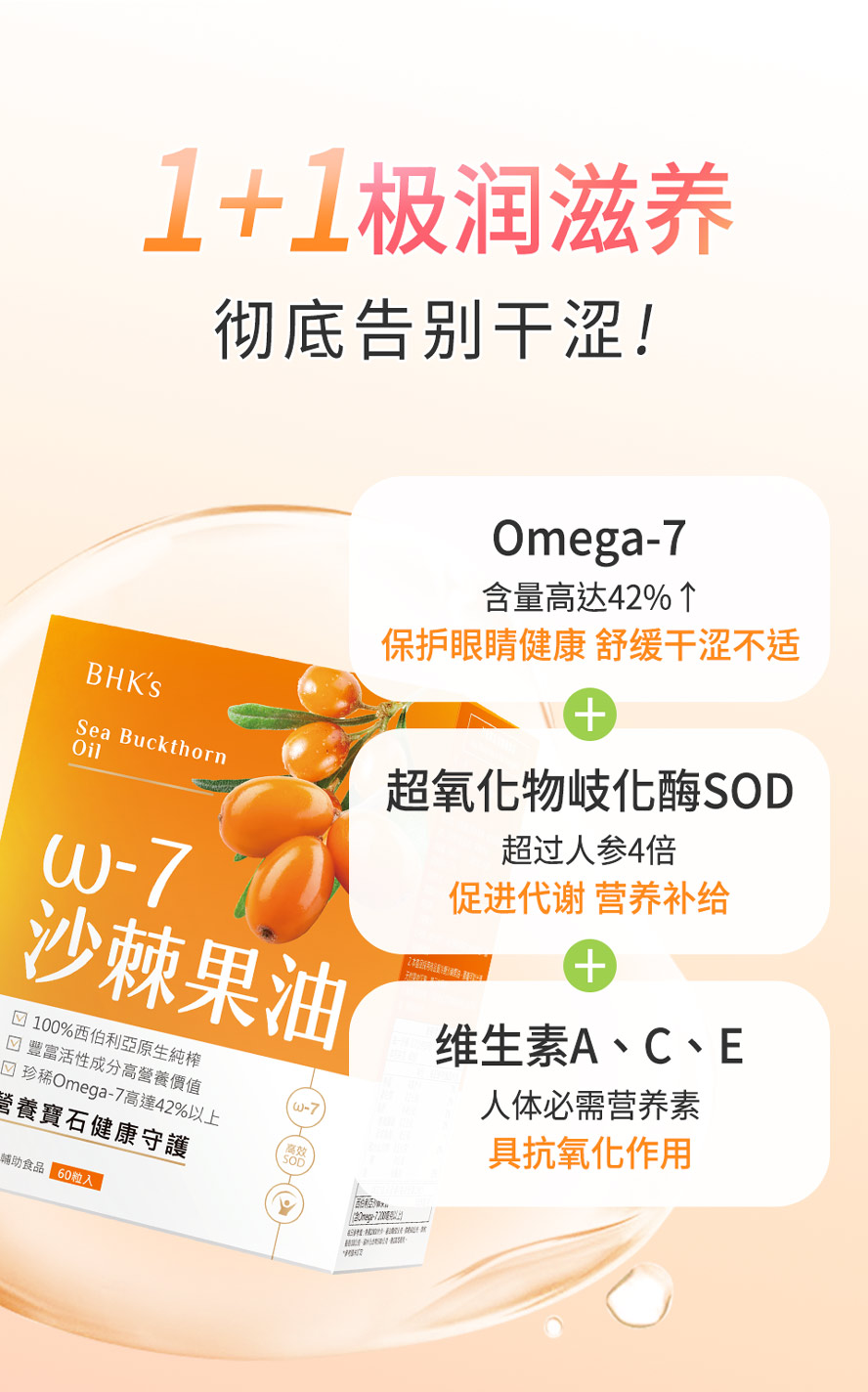 沙棘果油Omega-7有助舒缓滋养，改善干燥、干涩、疲累感。