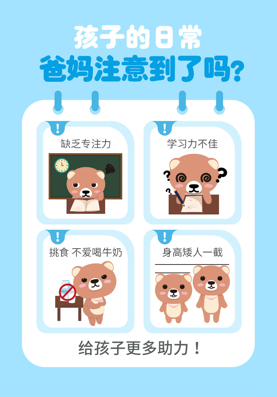 儿童发育阶段需要额外的营养补充，避免课业进度落后、不专心、长不高、个头矮的问题。