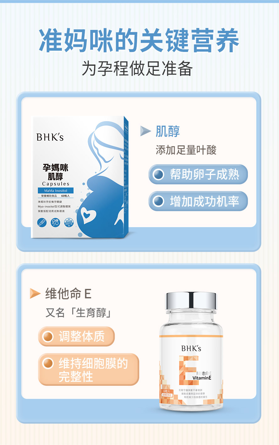 BHK's肌醇、维他命E调整体质,打造成熟受孕环境