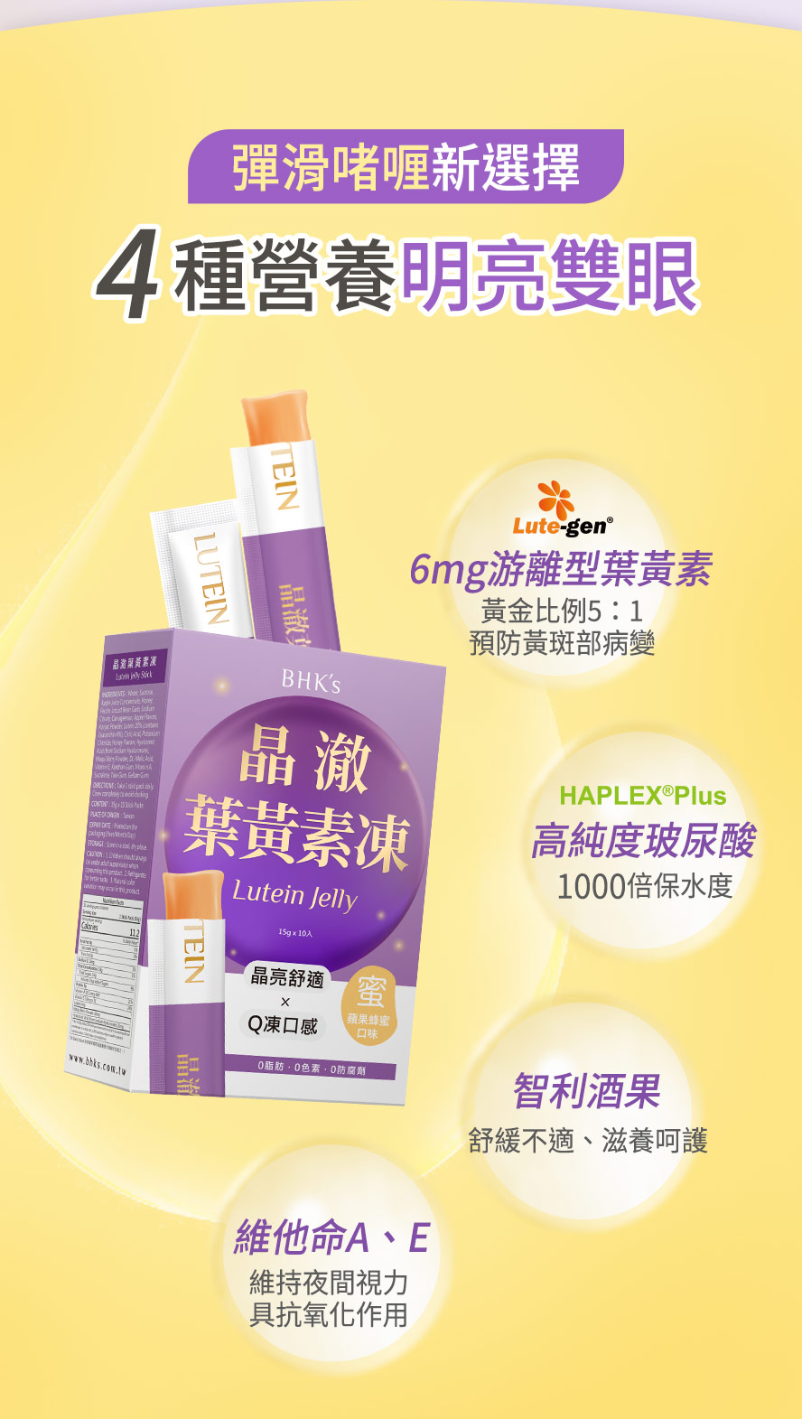 葉黃素果凍推薦BHK's,成分配方介紹,明亮眼睛,維持夜間視力。