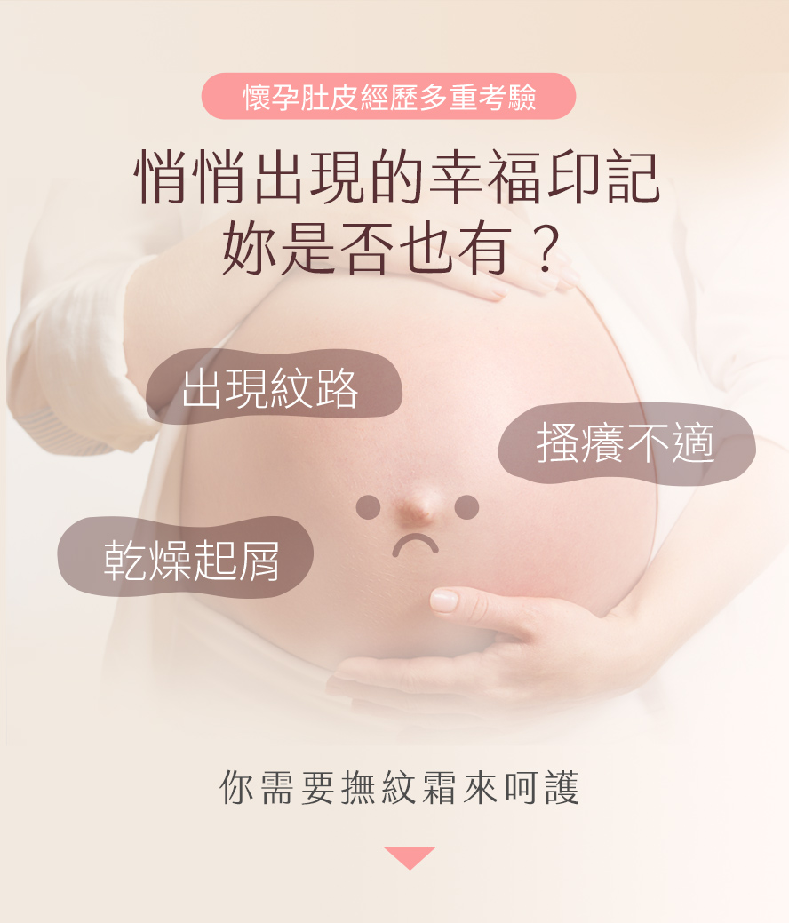 懷孕時因荷爾蒙影響，孕婦肚皮容易出現紅紋、白紋、皮膚癢、乾燥脫屑的問題。