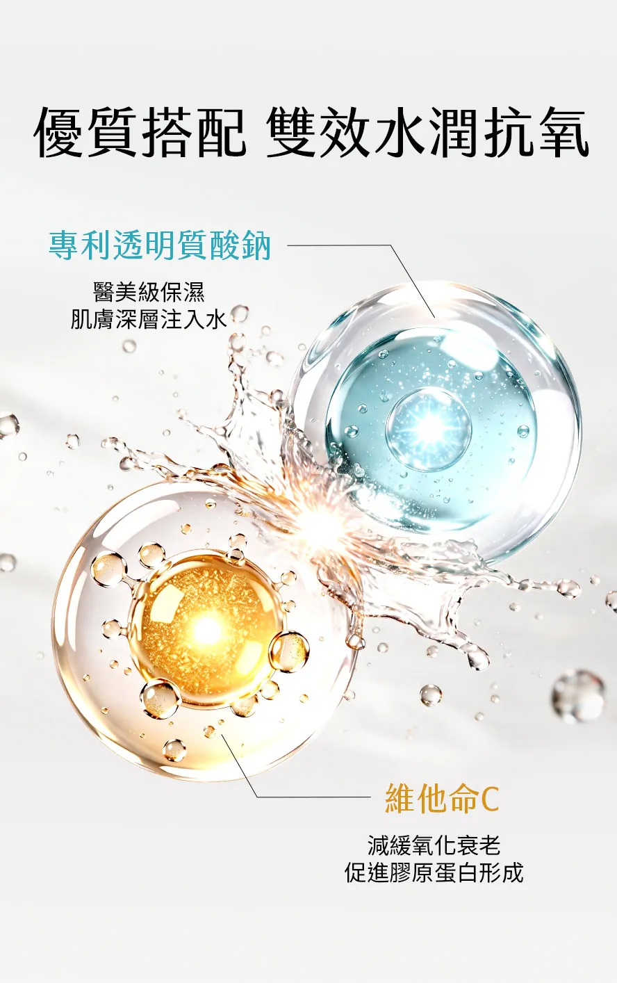 裸耀膠原蛋白錠含維生素C,幫助抗氧化延緩老化,搭配口服玻尿酸深層補水
