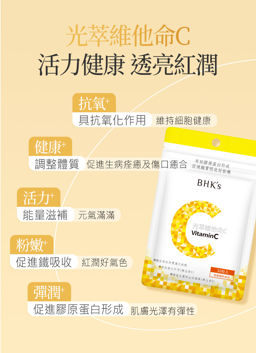 眾多藝人、網紅推薦BHK光萃維他命C，預防感冒、幫助皮膚透亮。