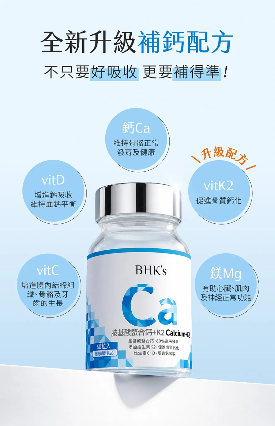 BHK's胺基酸螯合鈣，添加維生素D、C、K2與鎂，完美補鈣配方，促進鈣質吸收