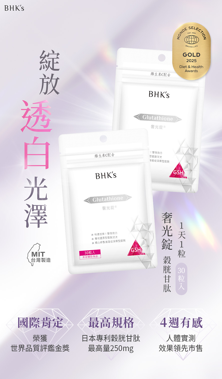 BHK's奢光錠為市售唯一經人體實證4週有效變白的美白錠，榖胱甘肽天佳最高劑量250mg。