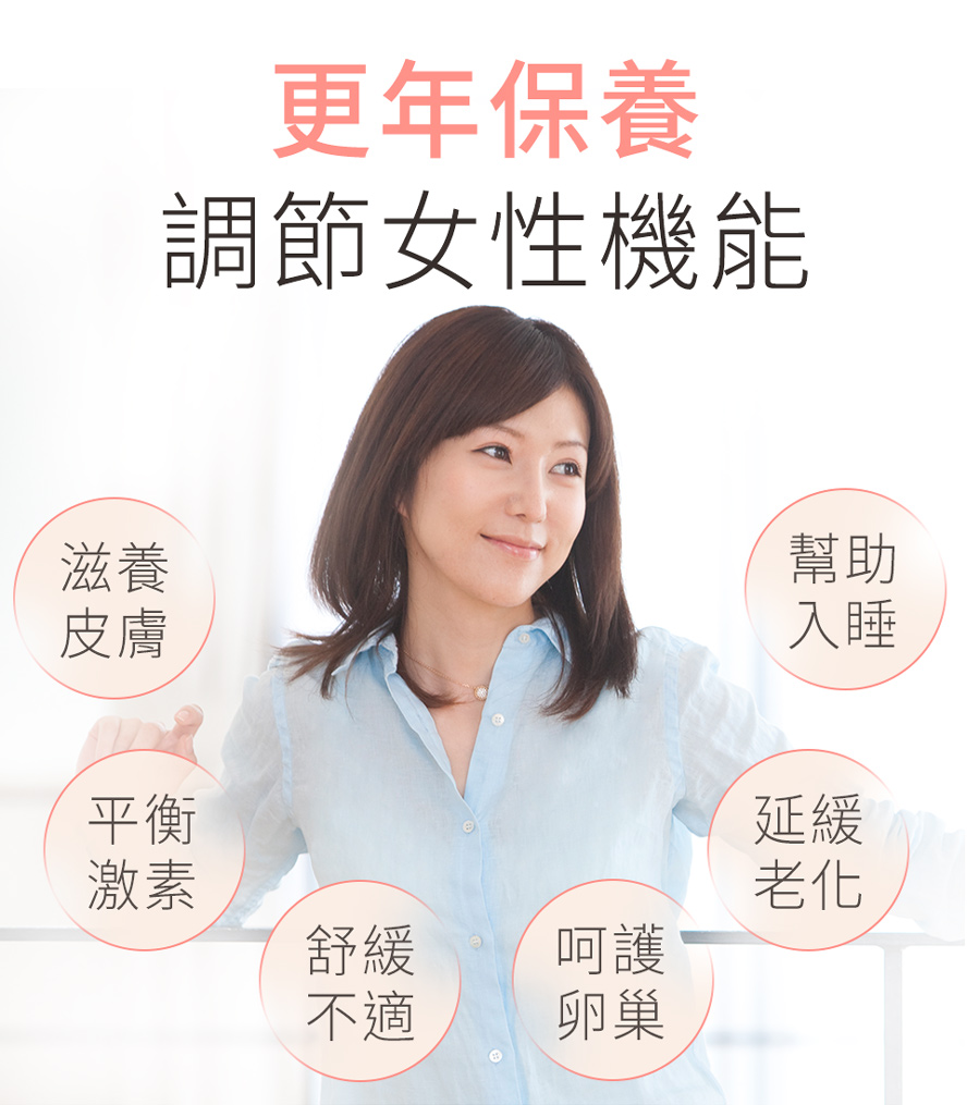 推薦熟齡女性、更年期婦女可食用BHKs大豆萃取，可平衡女性荷爾蒙，穩定情緒、改善睡眠。