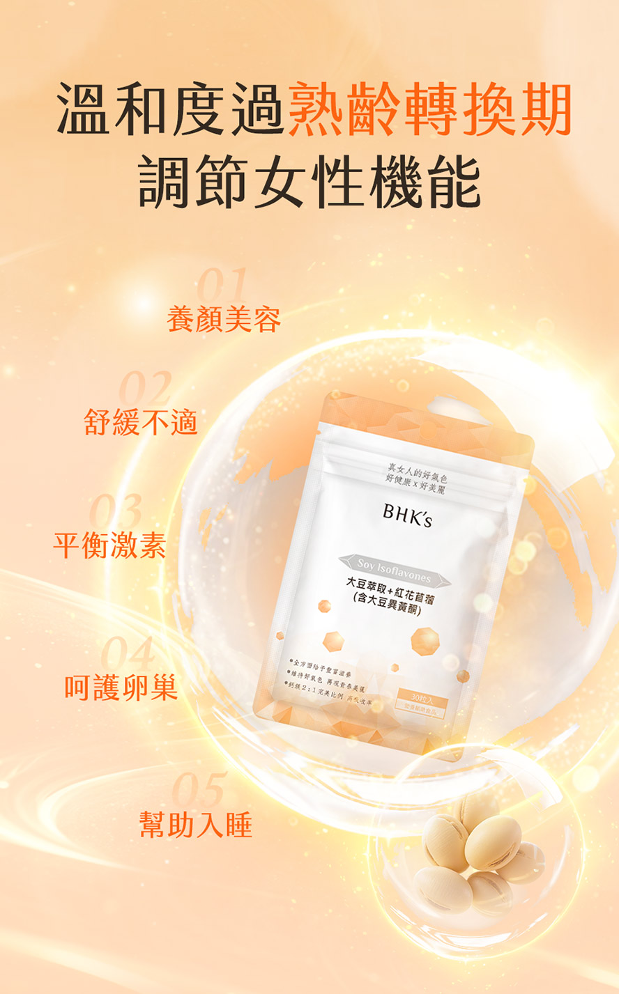 補充BHK's大豆異黃酮好處多，輕鬆度過更年期。