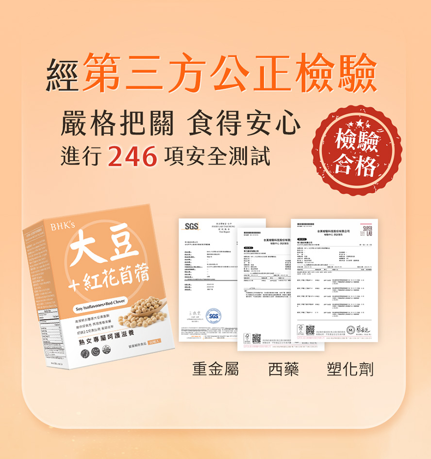BHK's大豆異黃酮嚴選高品質大豆萃取，產品通過SGS檢驗合格