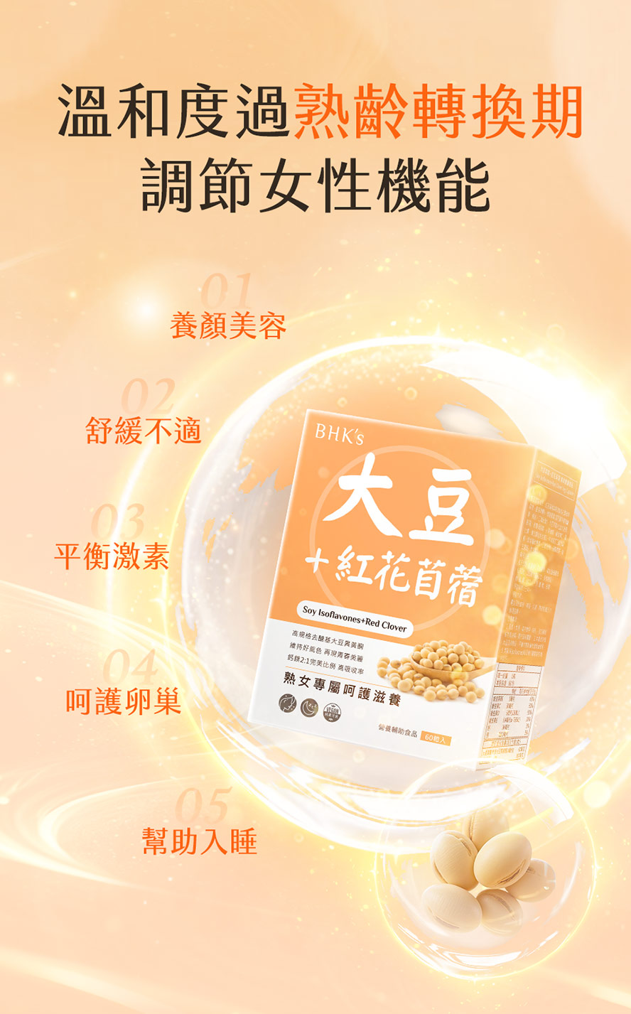 補充BHK's大豆異黃酮好處多，輕鬆度過更年期。