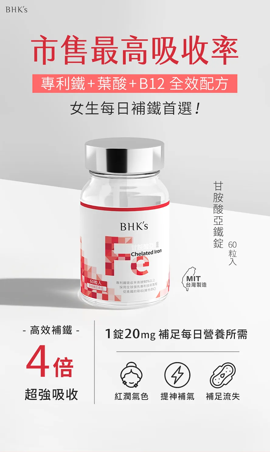 BHK's甘胺酸亞鐵錠,最方便有效的女性補鐵救星,幫助氣色紅潤、改善頭暈、貧血