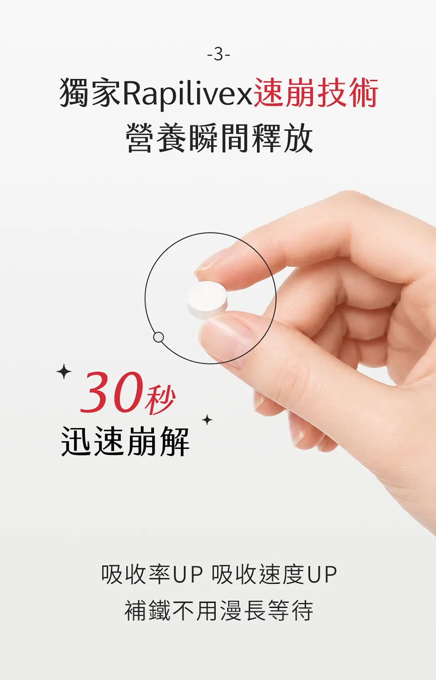 BHK's甘胺酸亞鐵,獨家速崩錠設計,高吸收效率,尤其是生理期來時,幫助補血、補鐵
