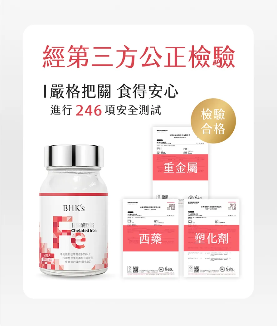 BHK's甘胺酸亞鐵通過SGS安全檢驗,無副作用,深受女性消費者喜愛推薦