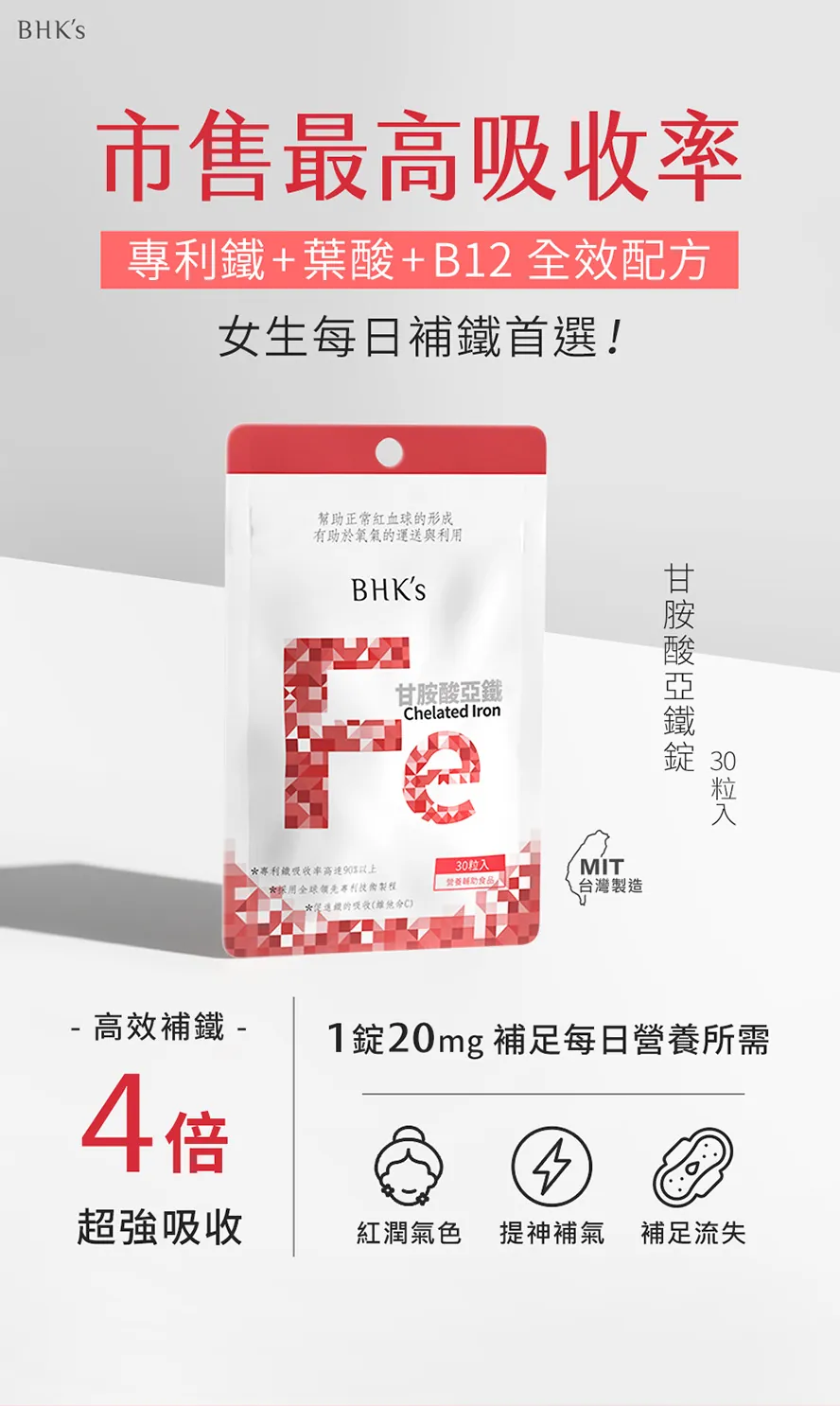BHK's甘胺酸亞鐵錠，最方便有效的女性補鐵救星，幫助氣色紅潤、改善頭暈、貧血