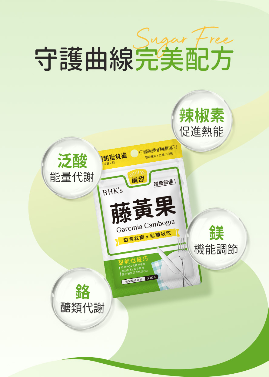 BHK藤黃果是天然的體重控制成分，HCA可阻止碳水化合物的吸收與脂肪的形成，降低BMI。