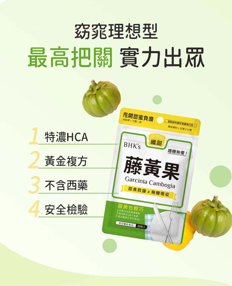 BHK's藤黃果含400毫克藤黃果萃取物，配方添加辣椒素、鉻與鎂，維持醣類正常代謝、增加飽足感。