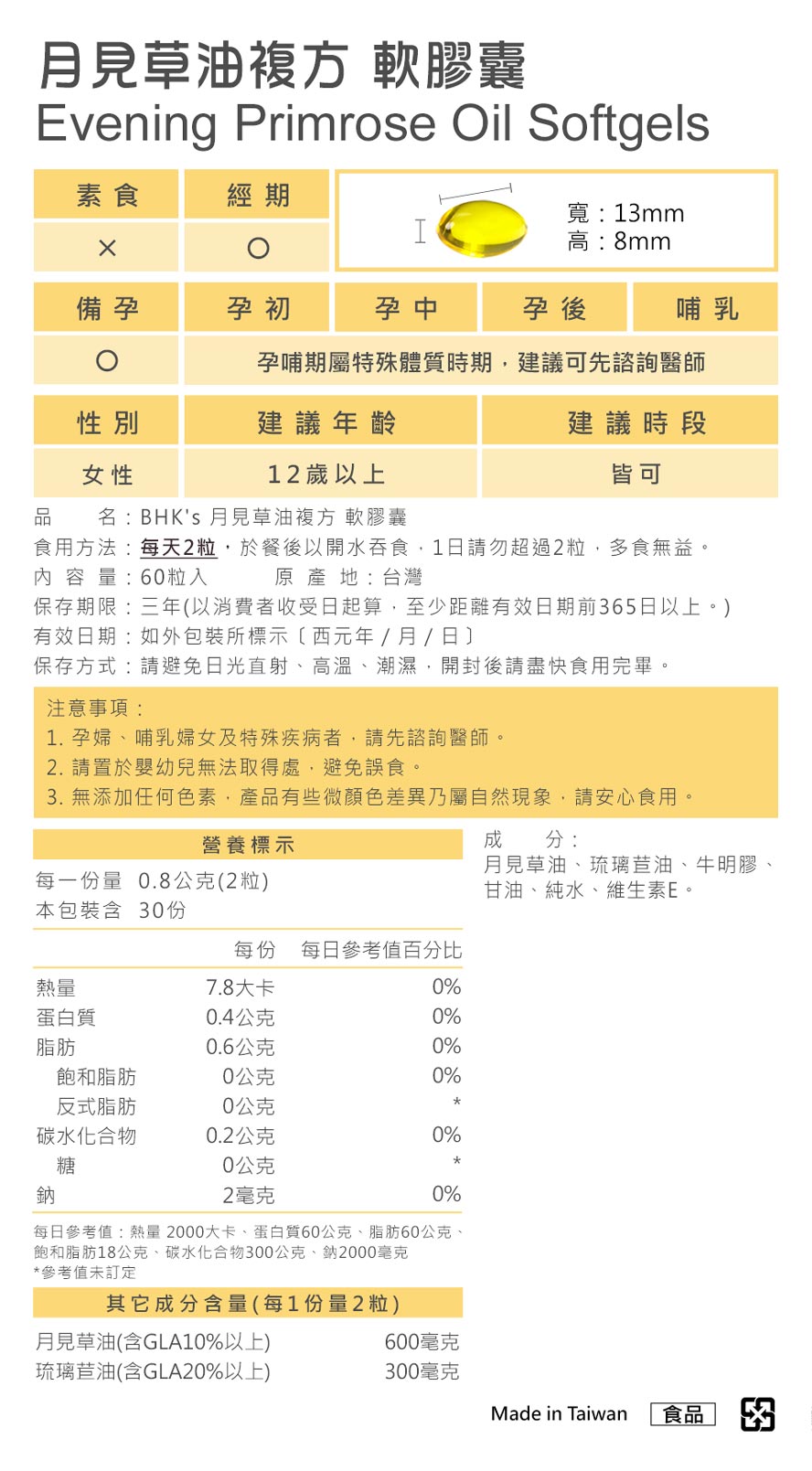 BHK's月見草油通過SGS安全檢驗，屬保健食品適合長期調理，無副作用請安心食用。