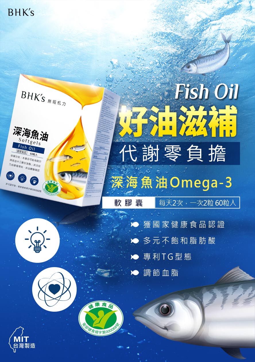 BHK's深海魚油軟膠囊,採用TG型態更好吸收,調節血脂,促進代謝.