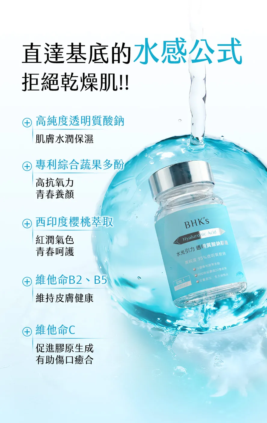 BHK's透明質酸鈉可防止肌膚水分流失，由內導入補水因子讓肌膚喝飽水，徹底擊退乾燥肌