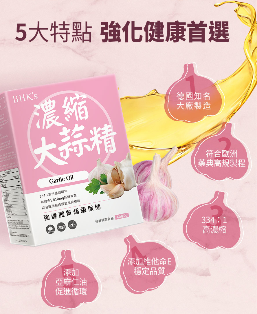 BHK大蒜精軟膠囊334倍高濃縮,另添加維生素E穩定品質